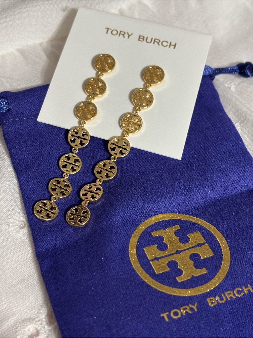 Tory Burch Gold Linked Logo Drop Earrings